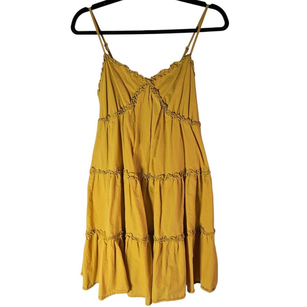 MAX+ASH Mustard Yellow Tiered Ruffle Babydoll Dress Smocked Back Size M Fun